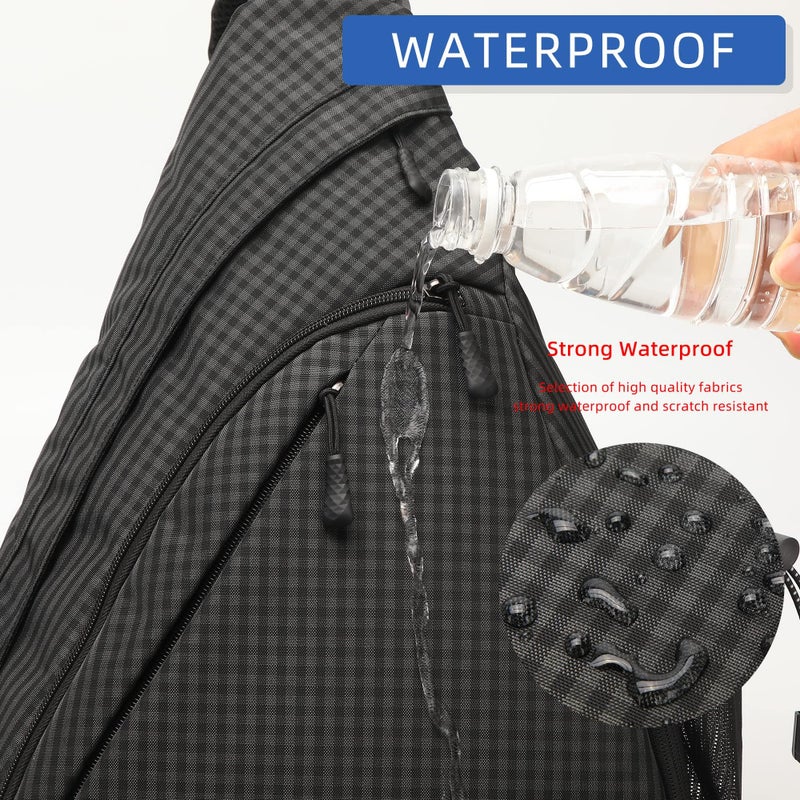 TurnWay Water-Proof Sling bag/Crossbody Backpack/Shoulder Bag with USB Charging Port for Travel, Hiking, Cycling, Camping (Black Grid) - Image 3