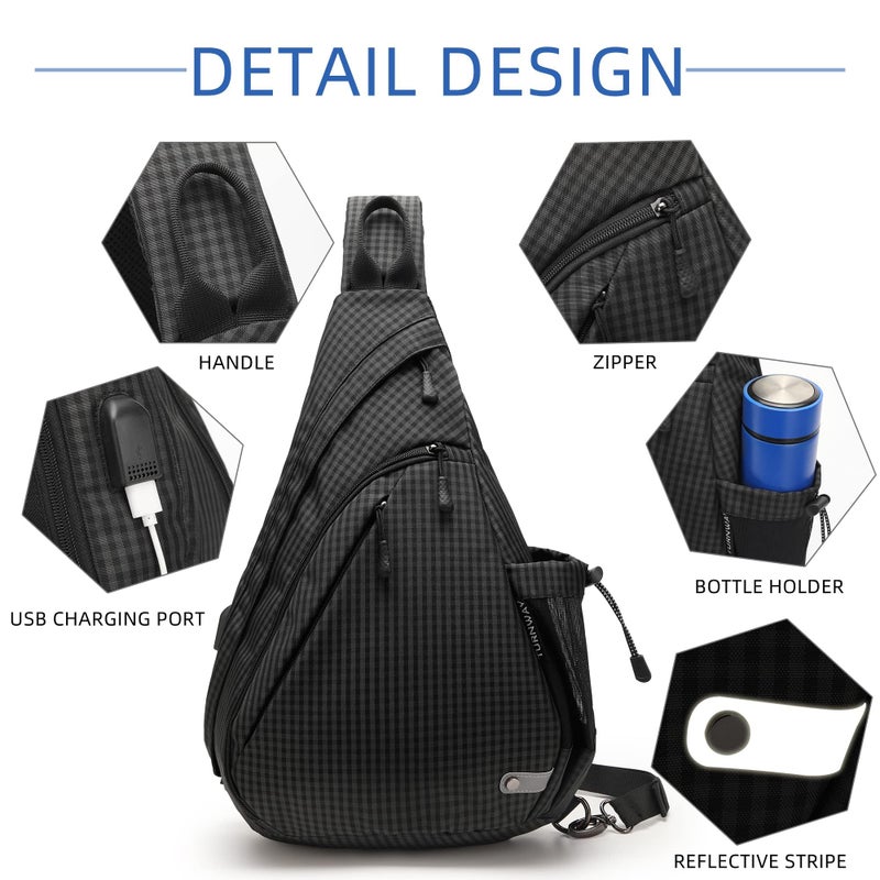 TurnWay Water-Proof Sling bag/Crossbody Backpack/Shoulder Bag with USB Charging Port for Travel, Hiking, Cycling, Camping (Black Grid) - Image 4