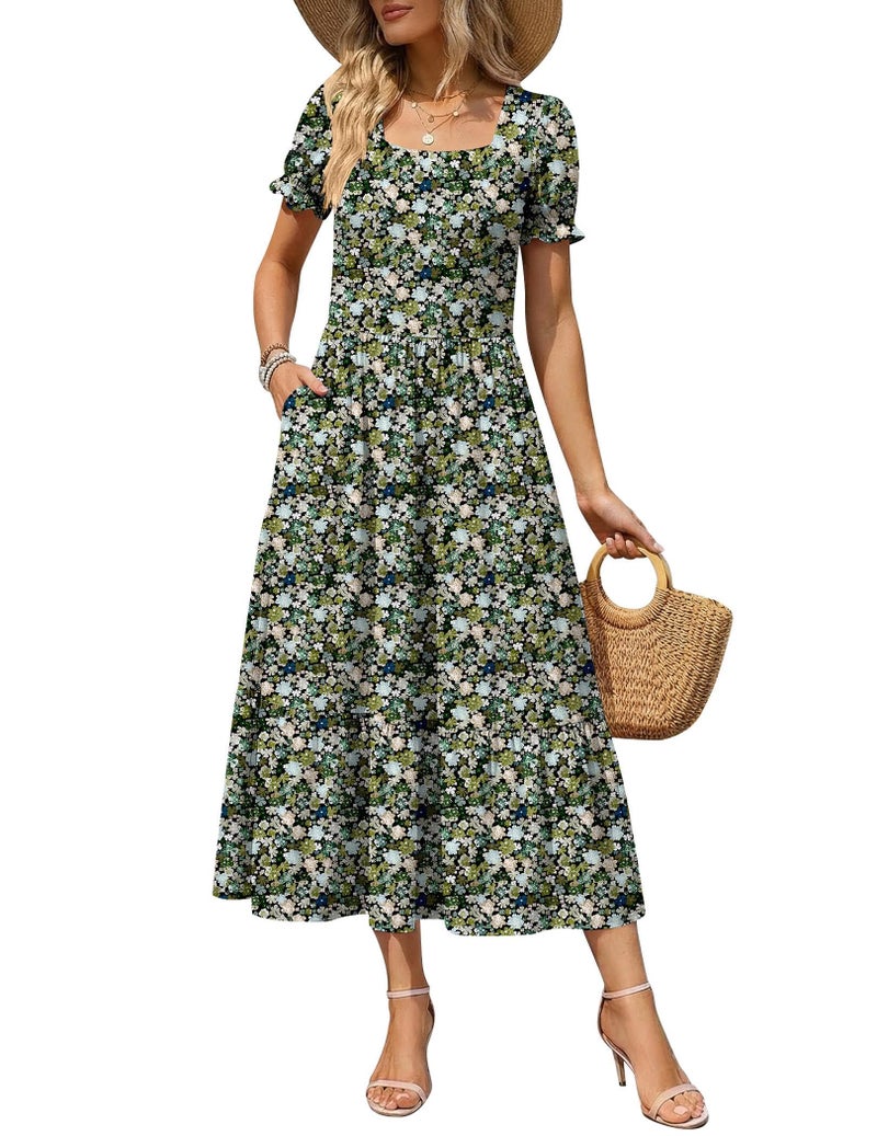 Zeagoo Long Dresses for Women Casual Summer Dress Square Neck Boho Dress Short Sleeve Sundresses with Pockets Womens Floral Midi Dresses XL - Image 1