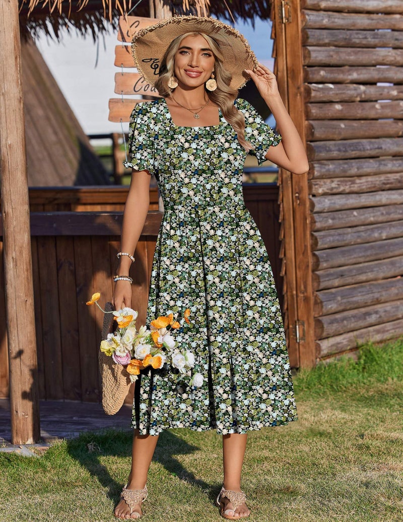 Zeagoo Long Dresses for Women Casual Summer Dress Square Neck Boho Dress Short Sleeve Sundresses with Pockets Womens Floral Midi Dresses XL - Image 4