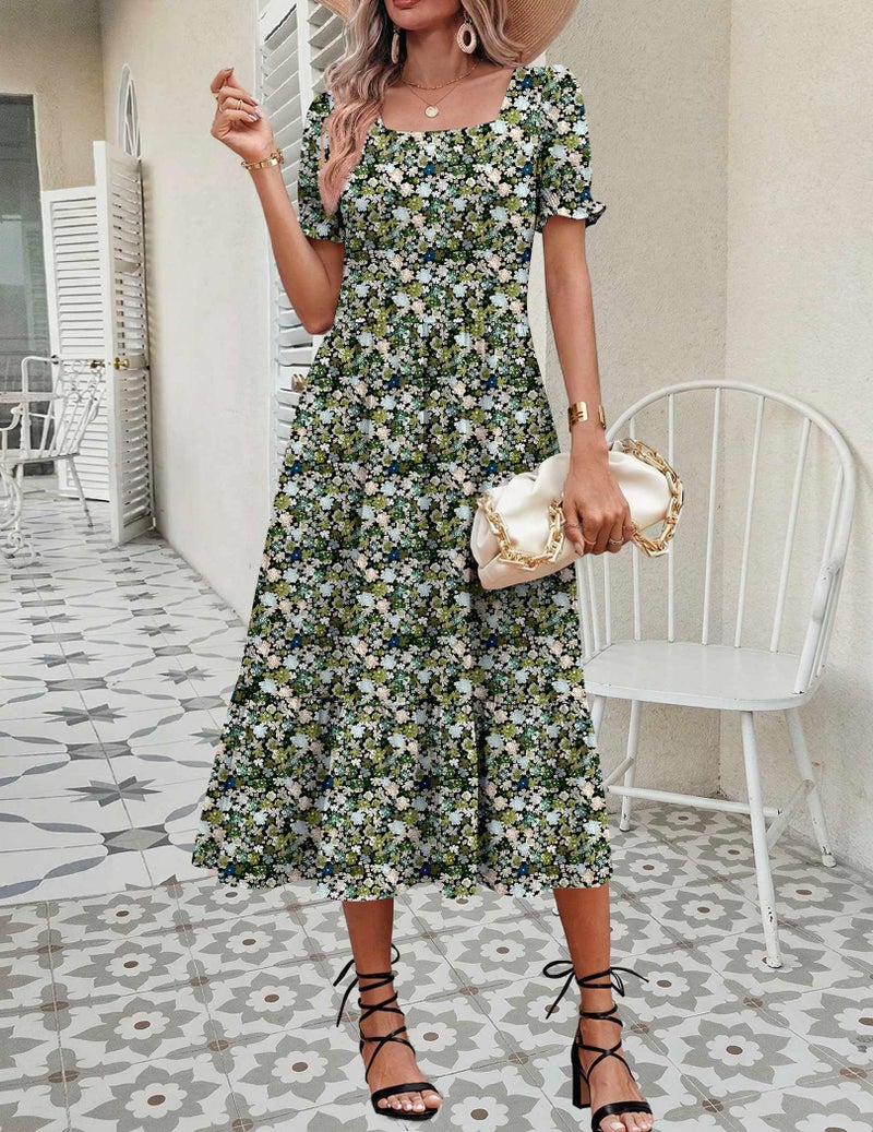 Zeagoo Long Dresses for Women Casual Summer Dress Square Neck Boho Dress Short Sleeve Sundresses with Pockets Womens Floral Midi Dresses XL - Image 5