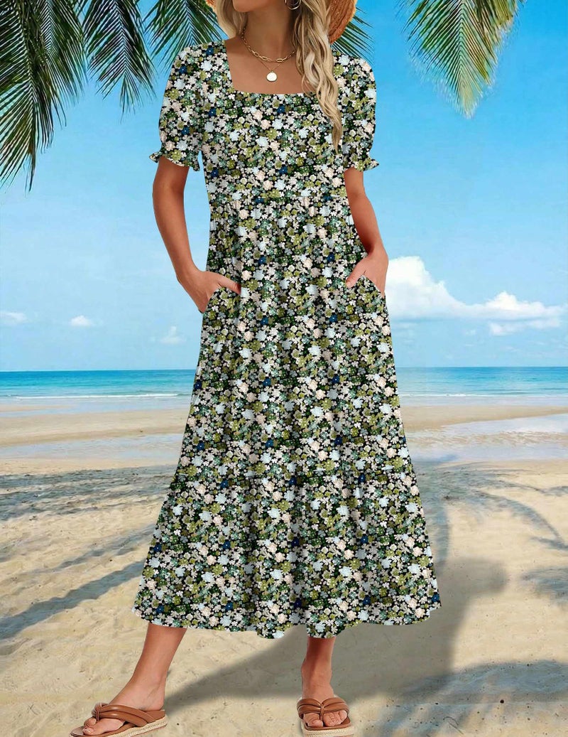 Zeagoo Long Dresses for Women Casual Summer Dress Square Neck Boho Dress Short Sleeve Sundresses with Pockets Womens Floral Midi Dresses XL - Image 2
