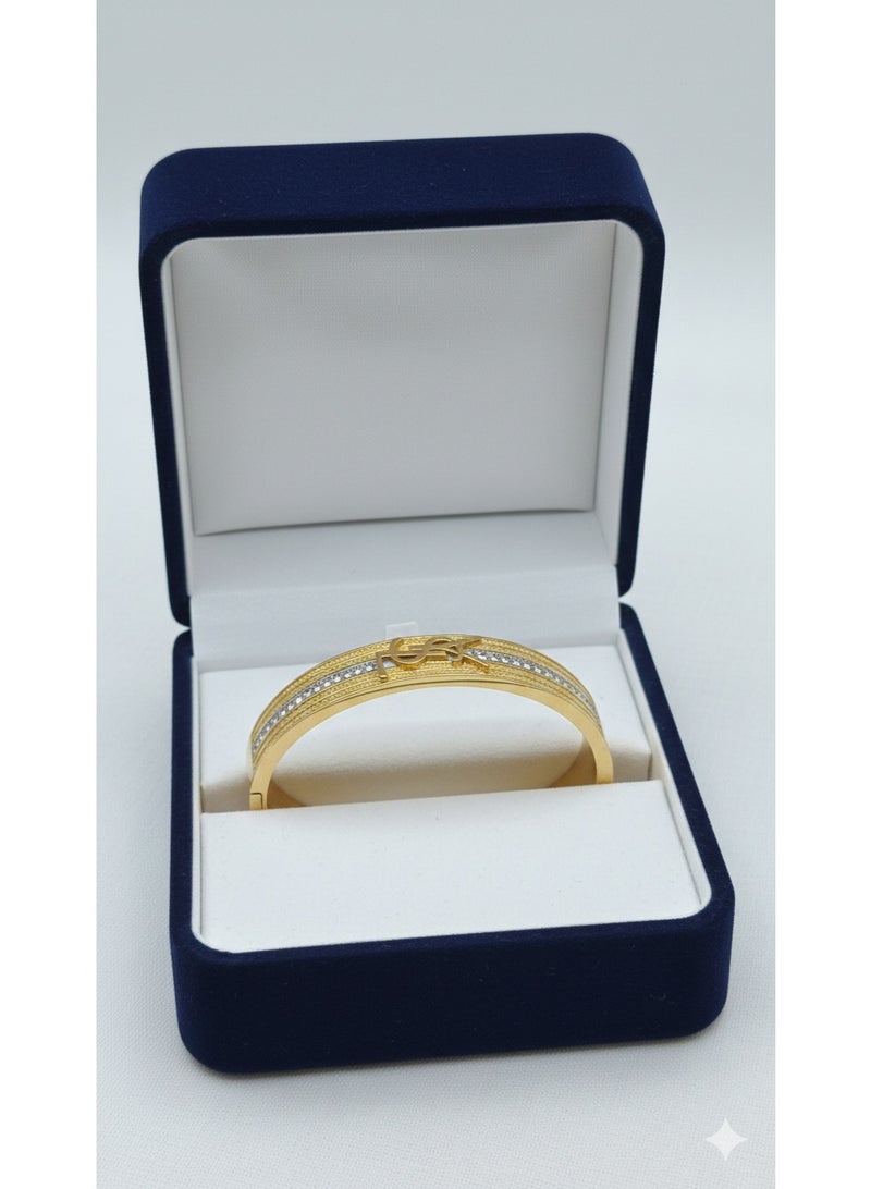 Elegant Gold Plated Crystal Encrusted Bangle - Stainless Steel Jewelry. - Image 2