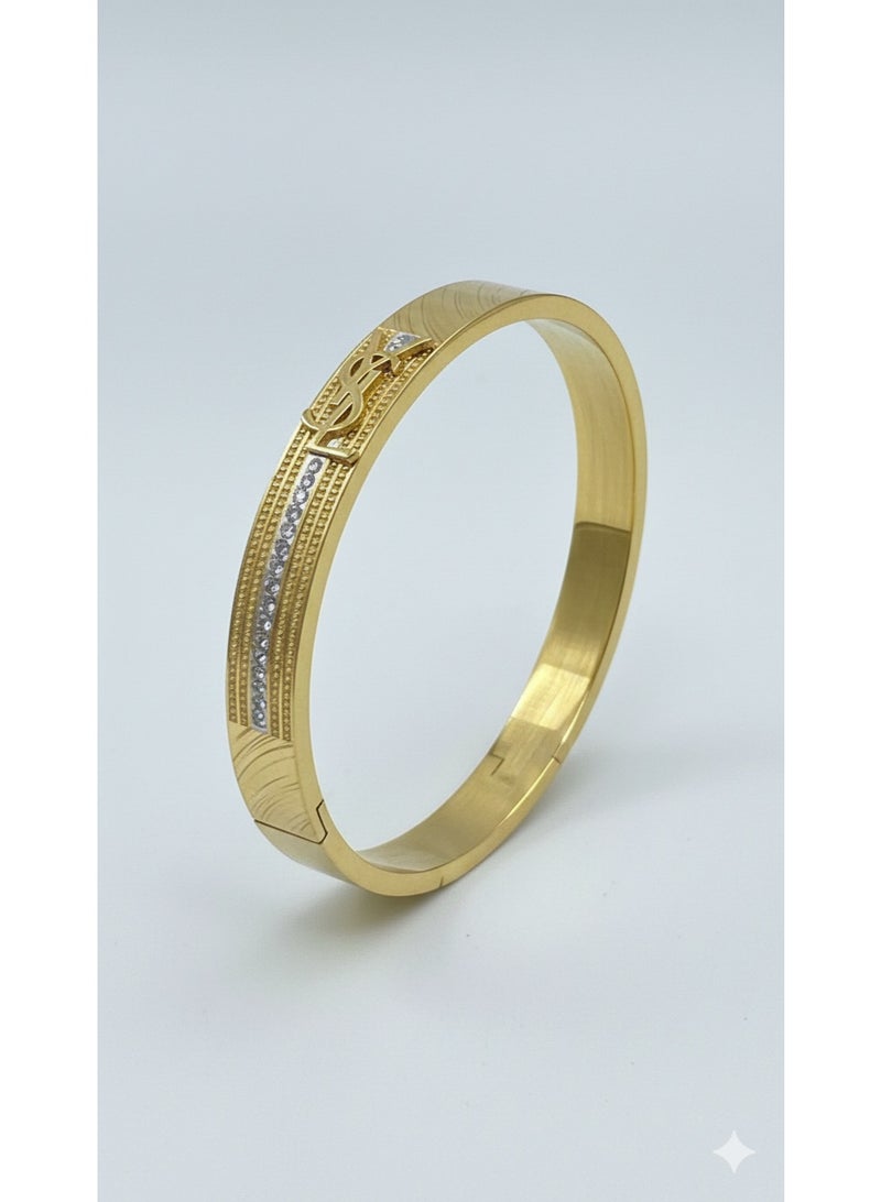 Elegant Gold Plated Crystal Encrusted Bangle - Stainless Steel Jewelry. - Image 1