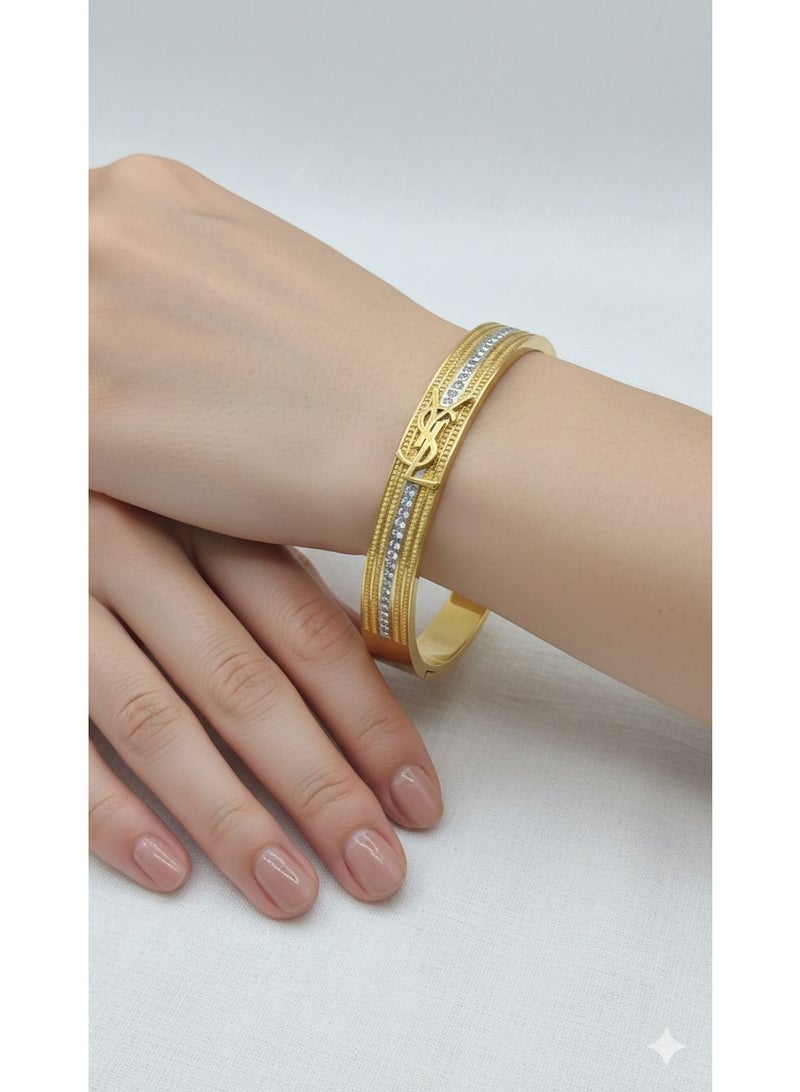 Elegant Gold Plated Crystal Encrusted Bangle - Stainless Steel Jewelry. - Image 3