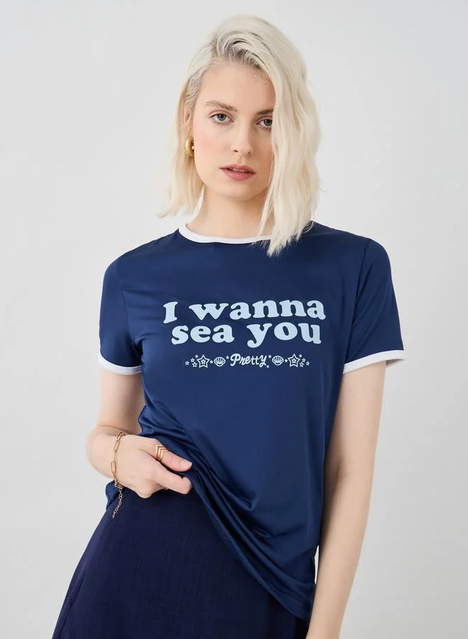 تايك تو Take Two Slogan Print Round Neck T-Shirt