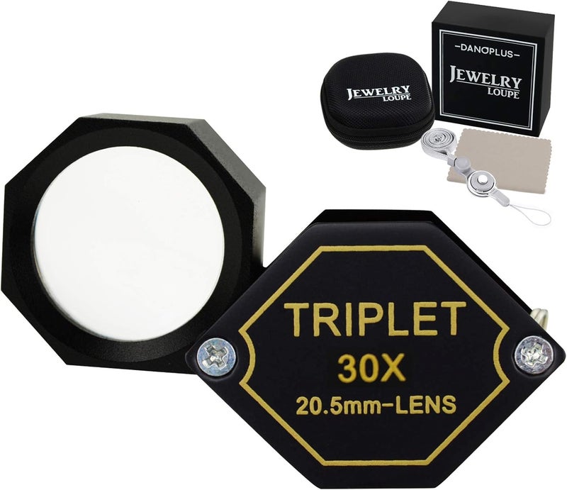 DANOPLUS 30x Magnification Jeweller's Magnifying Glass Achromatic Triplet Lens 20.5 mm Optical Glass Hexagonal Design Black Jewel Jewellery Bag Magnifying Glass Tool - Image 1