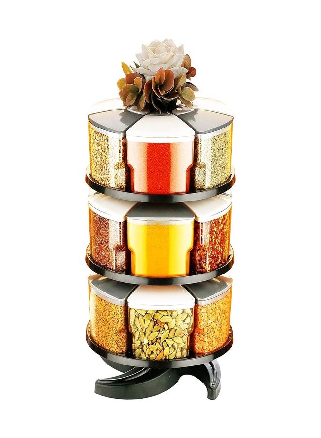 Darkpyro 360° Spice Rack Set of 18 Pieces 3 Layer Spice Set | Masala Box | Masala Container | 300 ml Plastic Grocery Container | Grey - White Combination, Tiered Shelf - Image 1