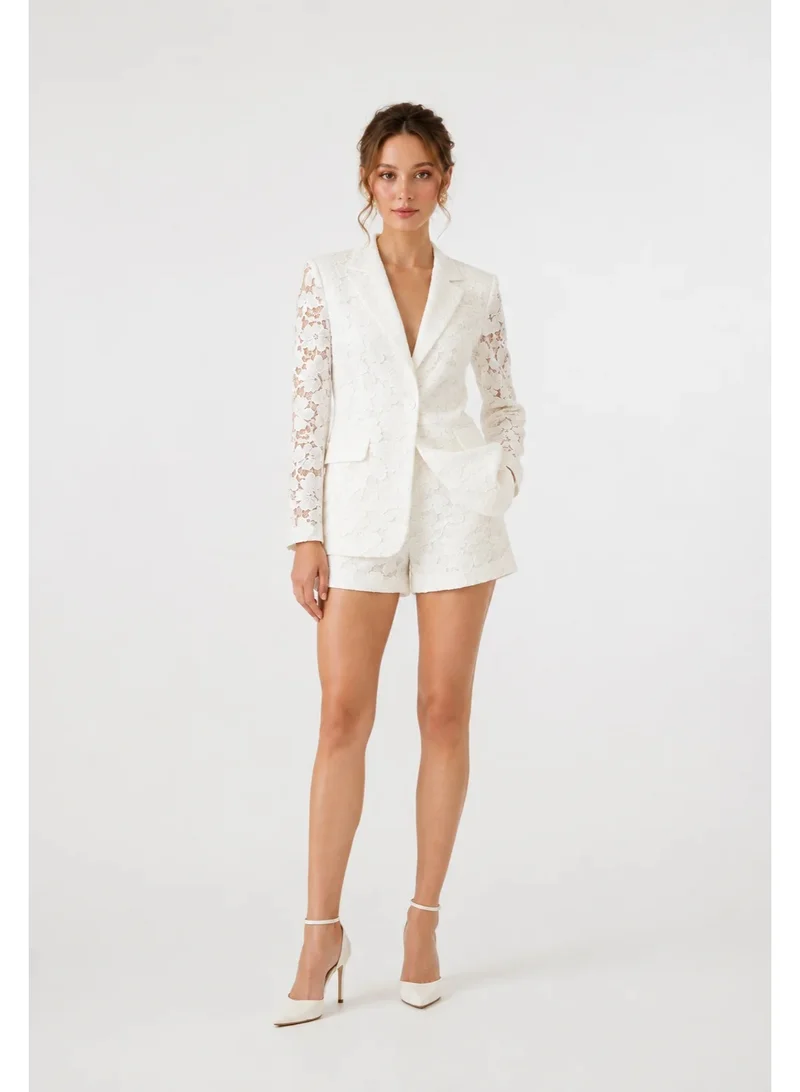 2Trendy Women's White Lace Blazer with Floral Pattern and Satin Lapel