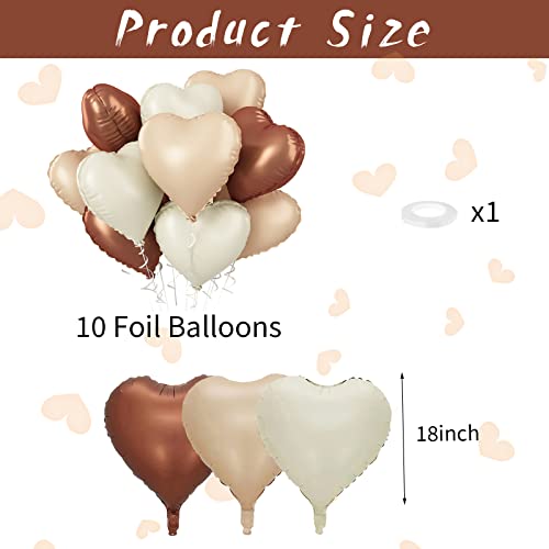 Biapian Brown Apricot Heart Balloons, 10Pcs Coffee Cream Beige Foil Heart Shape Balloons, 18inch Nude Neutral Foil Balloons for Helium Valentines Decorations for Engagement, Brithday, Baby Shower, Wedding - Image 2