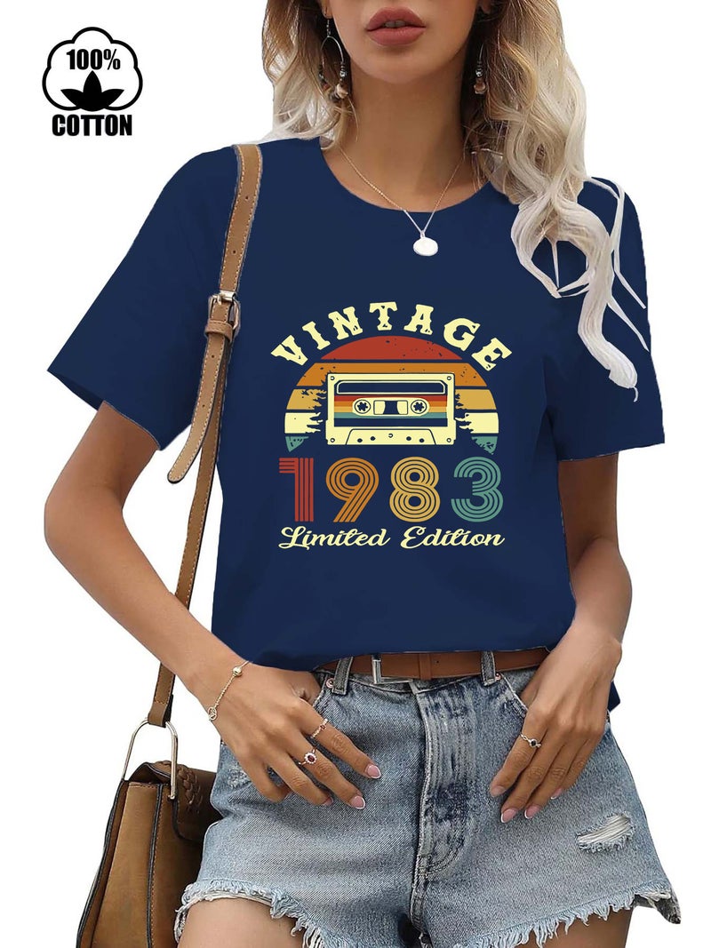 220g pure cotton short sleeved T-shirt collar dopamine tshirt female 1983 printed t-shirt - Image 1