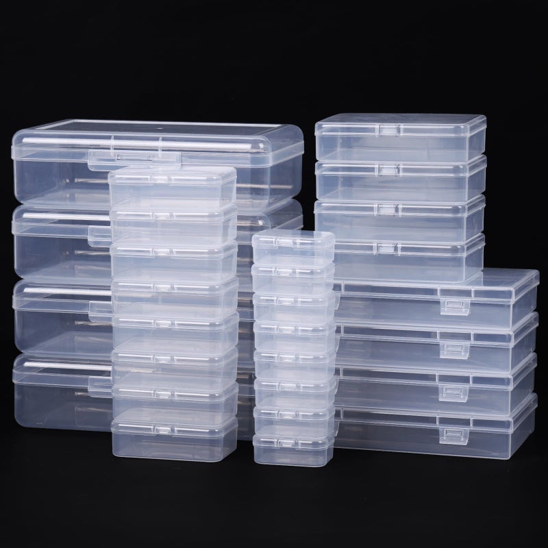 QUEFE 28 Pack Small Storage Containers Mixed Sizes Clear Plastic Boxes Craft Organizers Rectangular Bins with Lids for Small Items Bead Art Craft Jewelry Projects