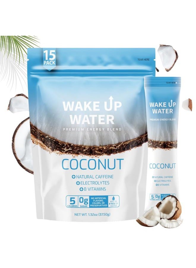 Wake Up Water مزيج الطاقة + الترطيب – جوز الهند – عبوات مسحوق الطاقة + الترطيب مع الكافيين الطبيعي، الإلكتروليتات، وفيتامينات ب | بدون سكر | وقود يومي بدون انهيار أو توتر | (جوز الهند/15 حبة) - Image 1