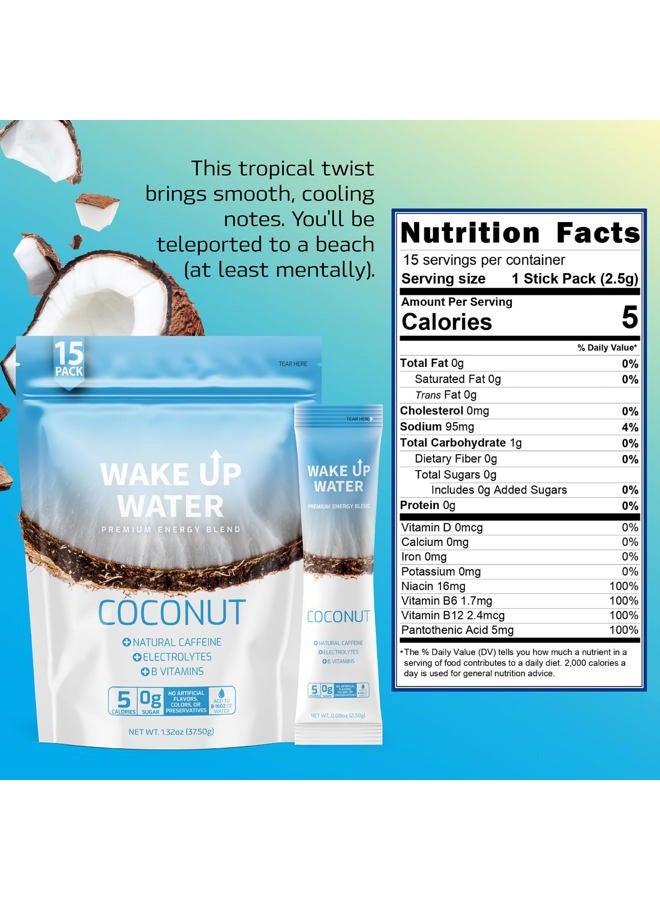 Wake Up Water مزيج الطاقة + الترطيب – جوز الهند – عبوات مسحوق الطاقة + الترطيب مع الكافيين الطبيعي، الإلكتروليتات، وفيتامينات ب | بدون سكر | وقود يومي بدون انهيار أو توتر | (جوز الهند/15 حبة) - Image 2