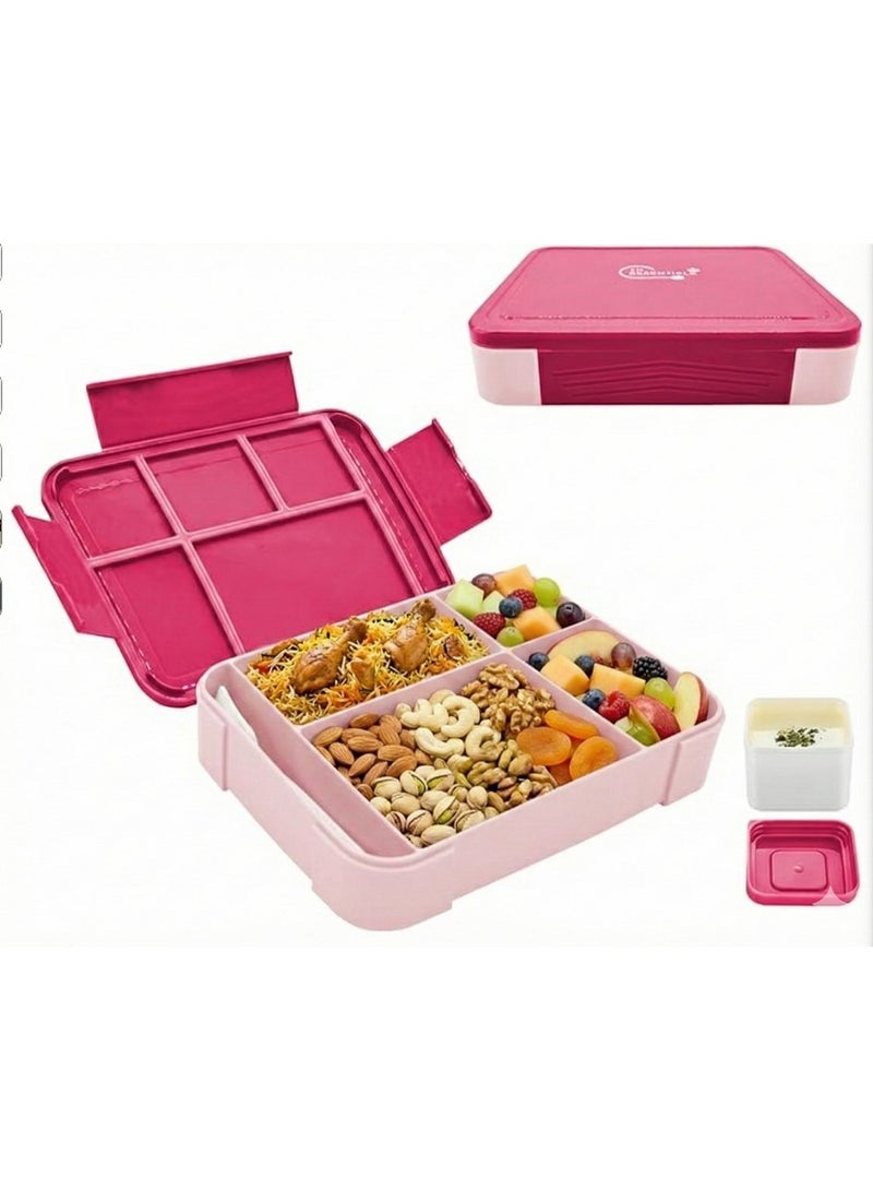 4h Essentials Premium Leak Proof Bento Lunch Box with 6 Compartments – BPA Free, Microwave Safe lunch box for Adults & Kids daily use for School, Office and Travel (Pink Rose) - Image 1