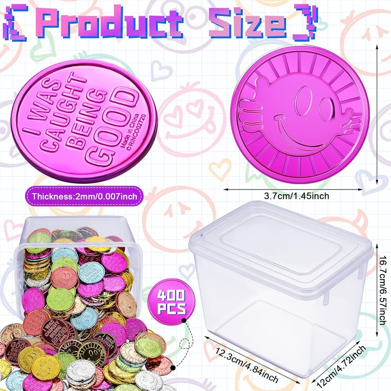 Leitee 400 Pcs Caught Being Good Tokens Good Behavior Bulk Incentive Coins Reward Coins Kid Smile Face Colored Plastic Token with Clear Box for Student Reward Classmate Prizes School Teacher Props - Image 2