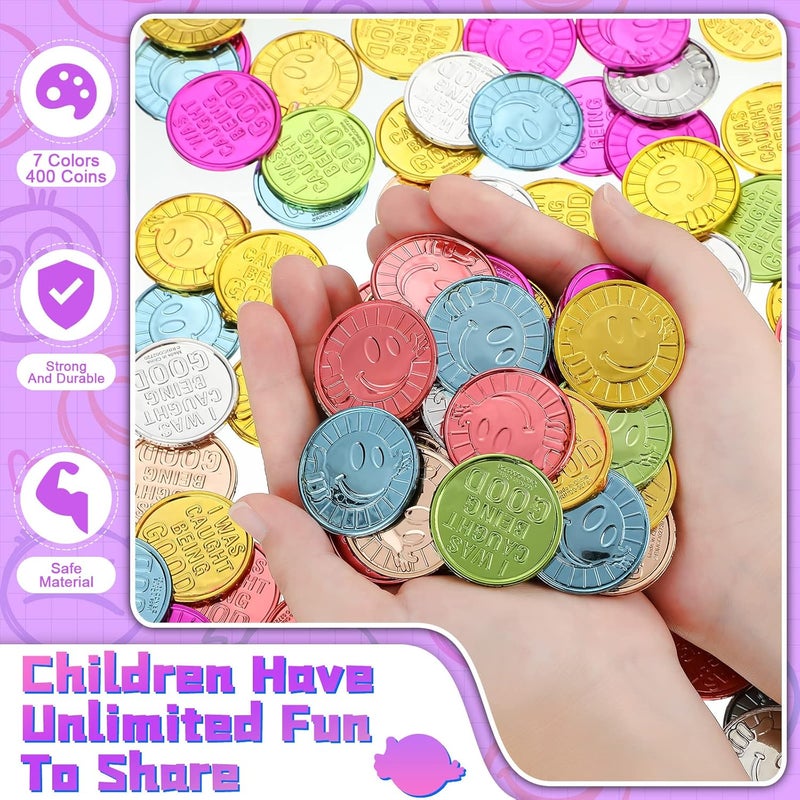 Leitee 400 Pcs Caught Being Good Tokens Good Behavior Bulk Incentive Coins Reward Coins Kid Smile Face Colored Plastic Token with Clear Box for Student Reward Classmate Prizes School Teacher Props - Image 3