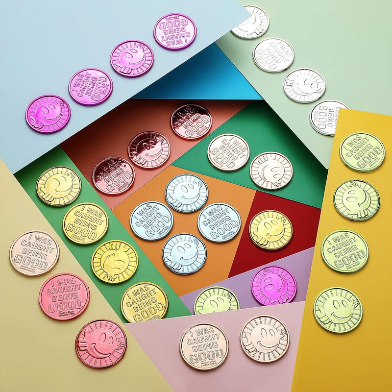Leitee 400 Pcs Caught Being Good Tokens Good Behavior Bulk Incentive Coins Reward Coins Kid Smile Face Colored Plastic Token with Clear Box for Student Reward Classmate Prizes School Teacher Props - Image 5