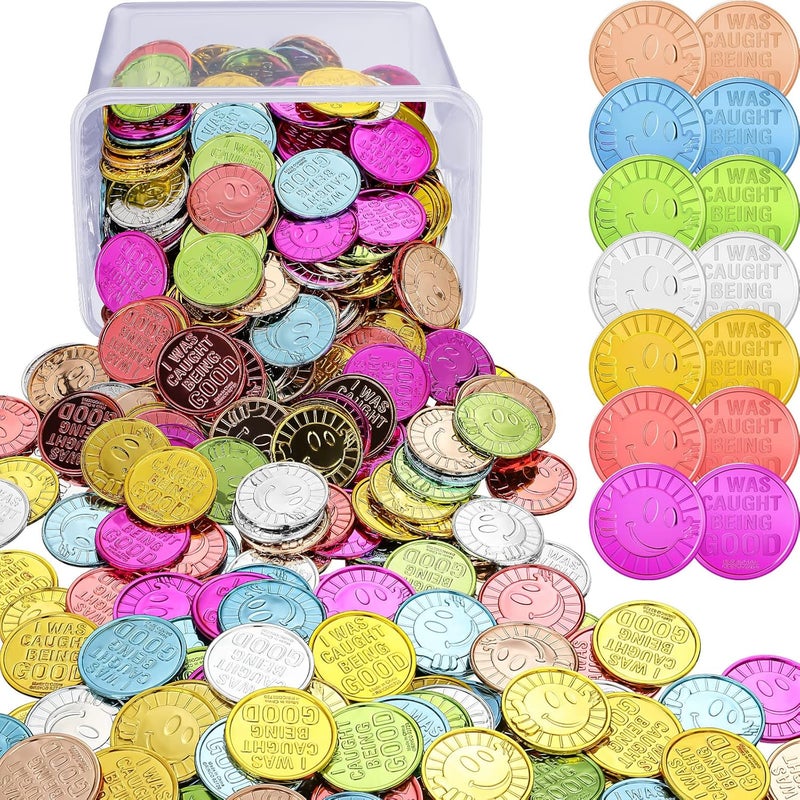 Leitee 400 Pcs Caught Being Good Tokens Good Behavior Bulk Incentive Coins Reward Coins Kid Smile Face Colored Plastic Token with Clear Box for Student Reward Classmate Prizes School Teacher Props - Image 1