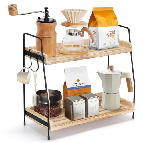 Honlibey 2-Tier Coffee Station Organizer for Countertop, Wooden Coffee Bar Organizer with 2 Cup Hooks, Countertop Storage for Bathroom, Kitchen, Holiday Decorations - Image 1