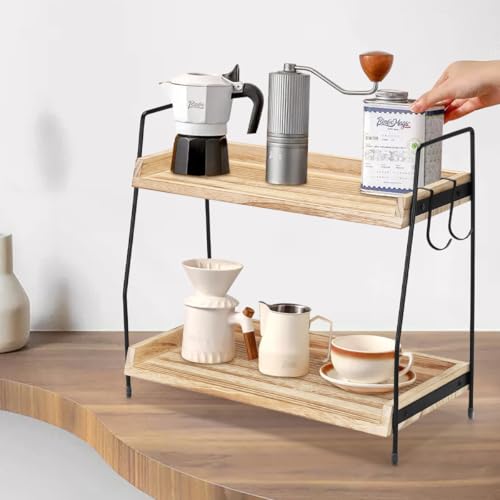 Honlibey 2-Tier Coffee Station Organizer for Countertop, Wooden Coffee Bar Organizer with 2 Cup Hooks, Countertop Storage for Bathroom, Kitchen, Holiday Decorations - Image 3