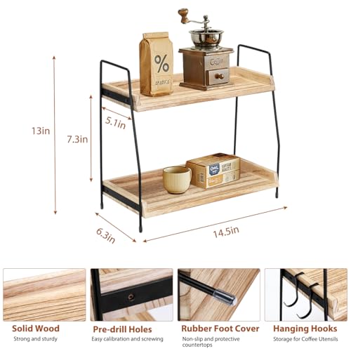 Honlibey 2-Tier Coffee Station Organizer for Countertop, Wooden Coffee Bar Organizer with 2 Cup Hooks, Countertop Storage for Bathroom, Kitchen, Holiday Decorations - Image 2