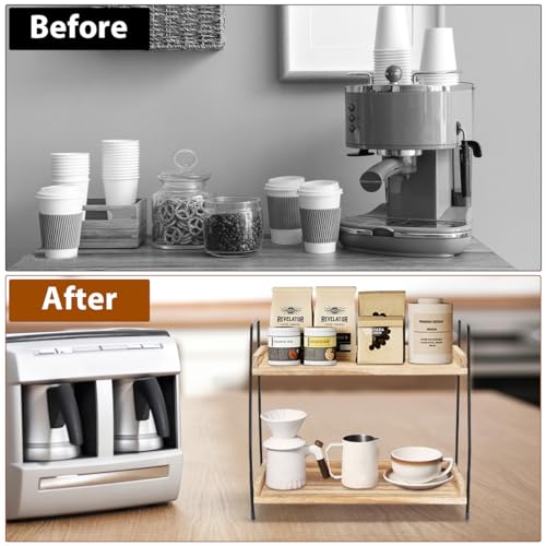 Honlibey 2-Tier Coffee Station Organizer for Countertop, Wooden Coffee Bar Organizer with 2 Cup Hooks, Countertop Storage for Bathroom, Kitchen, Holiday Decorations - Image 5