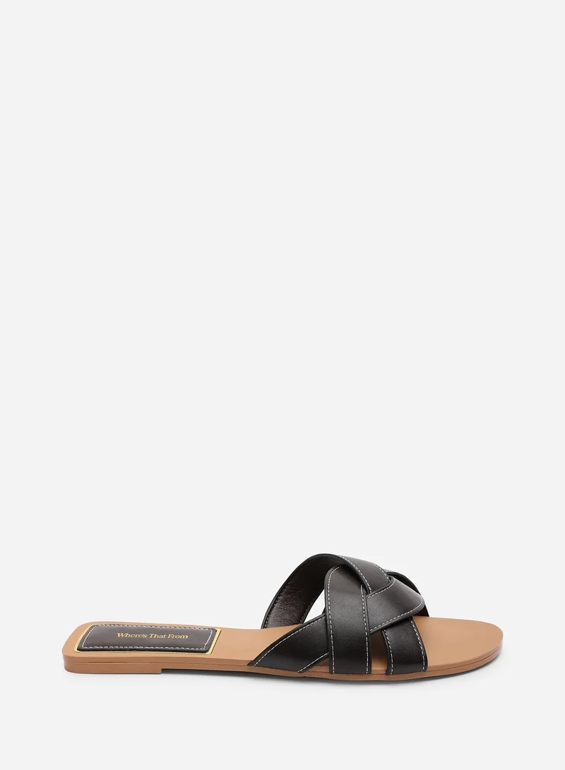 Where's That From Elvira Braided Dark Brown Slide on Sandals with contrast stitching