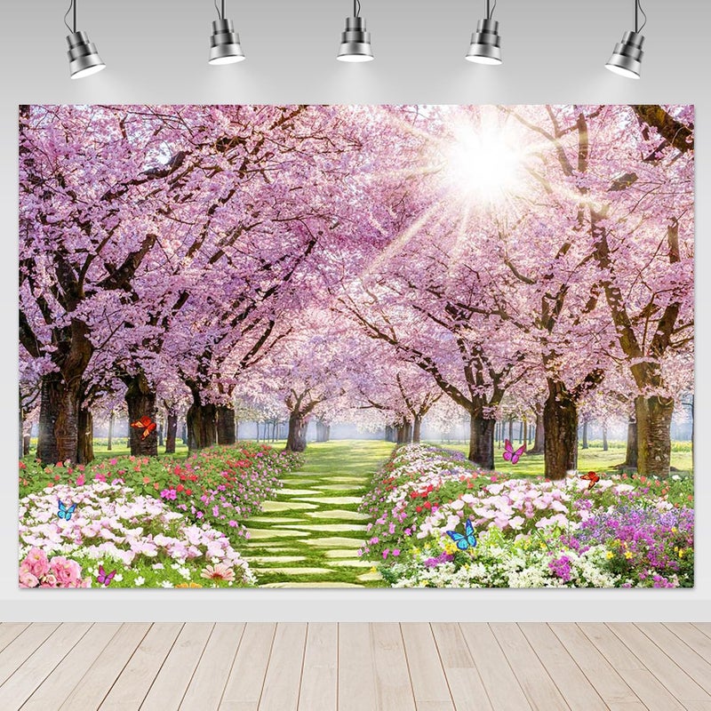 Mocsicka Spring Backdrop 7x5ft Flower Tree Garden Path Landscape Background Cherry Blossom Wedding Baby Shower Birthday Decor Supplies Studio Photography Photo Booth Prop - Image 1