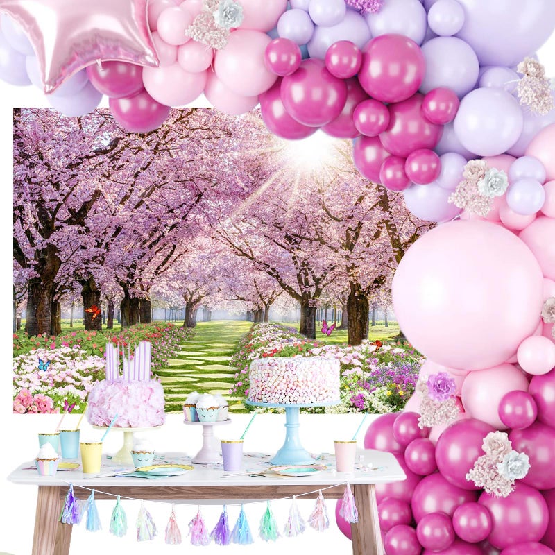 Mocsicka Spring Backdrop 7x5ft Flower Tree Garden Path Landscape Background Cherry Blossom Wedding Baby Shower Birthday Decor Supplies Studio Photography Photo Booth Prop - Image 3