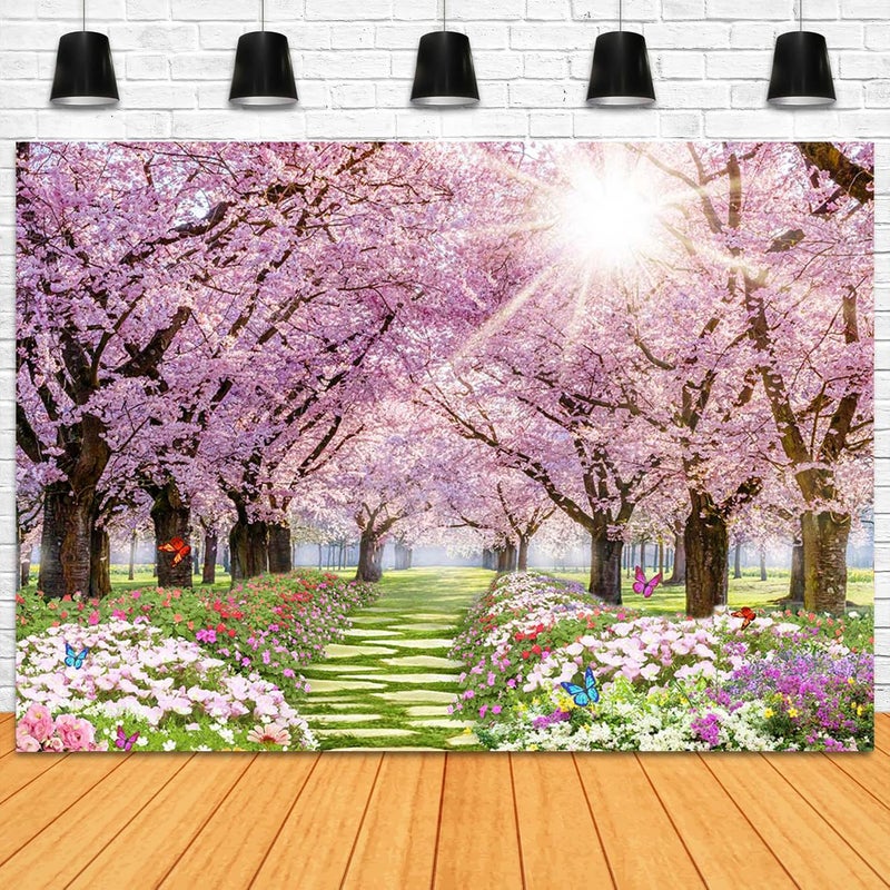 Mocsicka Spring Backdrop 7x5ft Flower Tree Garden Path Landscape Background Cherry Blossom Wedding Baby Shower Birthday Decor Supplies Studio Photography Photo Booth Prop - Image 4