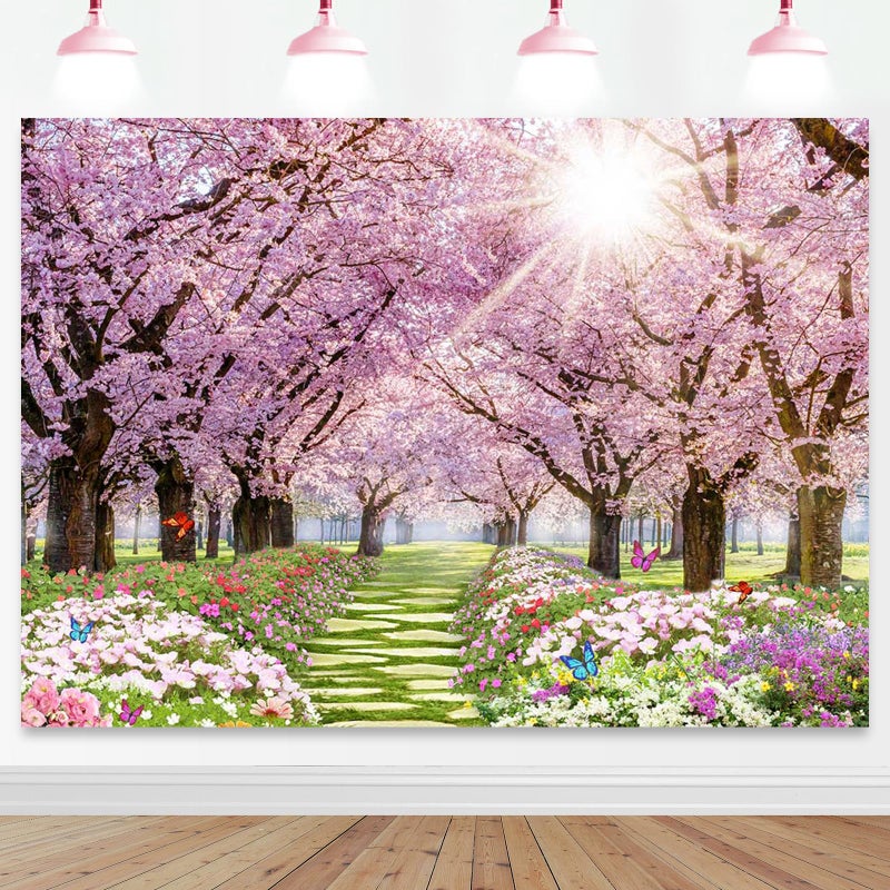 Mocsicka Spring Backdrop 7x5ft Flower Tree Garden Path Landscape Background Cherry Blossom Wedding Baby Shower Birthday Decor Supplies Studio Photography Photo Booth Prop - Image 5