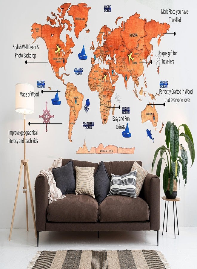 Elk 3D Wooden World Map Wall Decor with Country Names & Capitals | Premium Multilayer Laser Cut Wall Art | Easy DIY Installation | Travel Theme Home Decor for Living Room, Office | Size : 120x69CM - Image 5