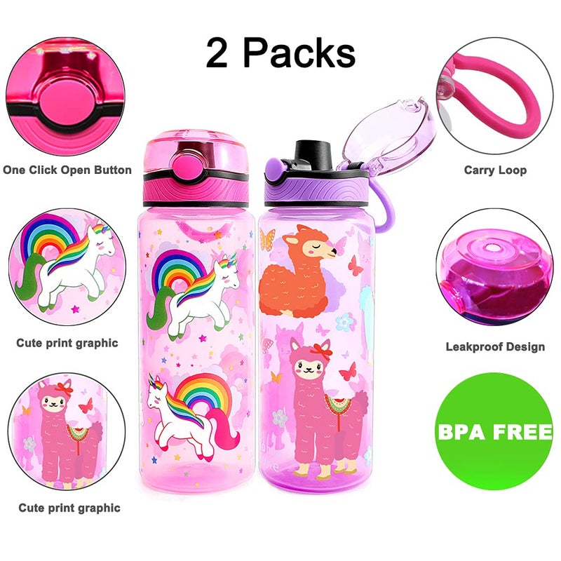 Home Tune 23oz Kids Water Drinking Bottle 2 Pack - BPA Free, Auto Push Button, Chug Lid, Carry Loop Lightweight, Leak-Proof Water Bottle Cute Design For Girls & Boys - Unicorn & Llama - Image 2