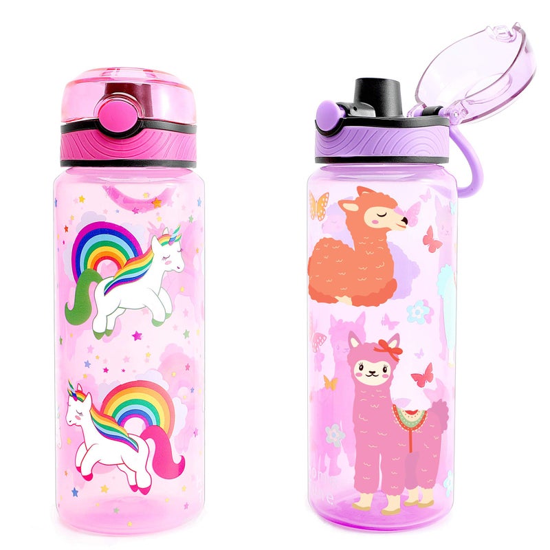 Home Tune 23oz Kids Water Drinking Bottle 2 Pack - BPA Free, Auto Push Button, Chug Lid, Carry Loop Lightweight, Leak-Proof Water Bottle Cute Design For Girls & Boys - Unicorn & Llama - Image 1