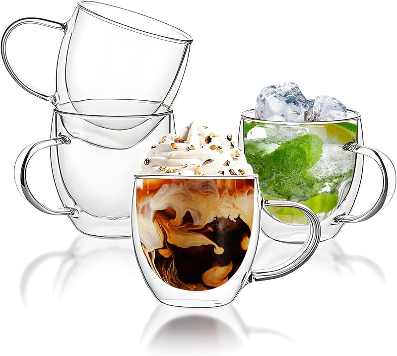 YMMIND Set of 4 Double Walled Glass Coffee Mugs 8 Ounces Insulated Layer Coffee Cups with Handle Borosilicate Glass Espresso Cup for Hot Beverage,Cappuccino,Tea,Latte,Wine,Microwave Safe - Image 1