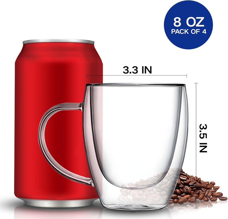 YMMIND Set of 4 Double Walled Glass Coffee Mugs 8 Ounces Insulated Layer Coffee Cups with Handle Borosilicate Glass Espresso Cup for Hot Beverage,Cappuccino,Tea,Latte,Wine,Microwave Safe - Image 4