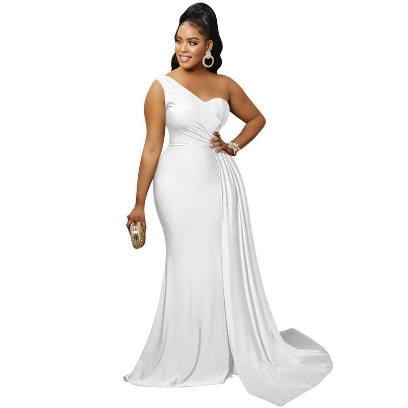 235819 European and American new AliExpress Amazon Fashion solid color party tight one-shoulder sleeve dress long dress for women 235819 White - Image 1