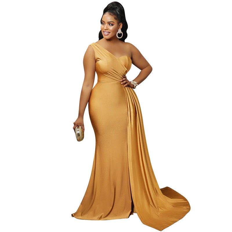 235819 European and American new AliExpress Amazon Fashion solid color party tight one-shoulder sleeve dress long dress for women 235819 White - Image 2