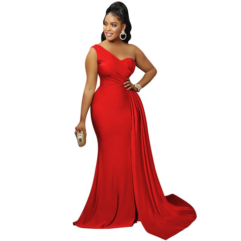 235819 European and American new AliExpress Amazon Fashion solid color party tight one-shoulder sleeve dress long dress for women 235819 White - Image 5