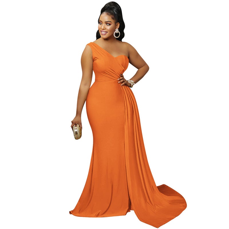 235819 European and American new AliExpress Amazon Fashion solid color party tight one-shoulder sleeve dress long dress for women 235819 White - Image 3