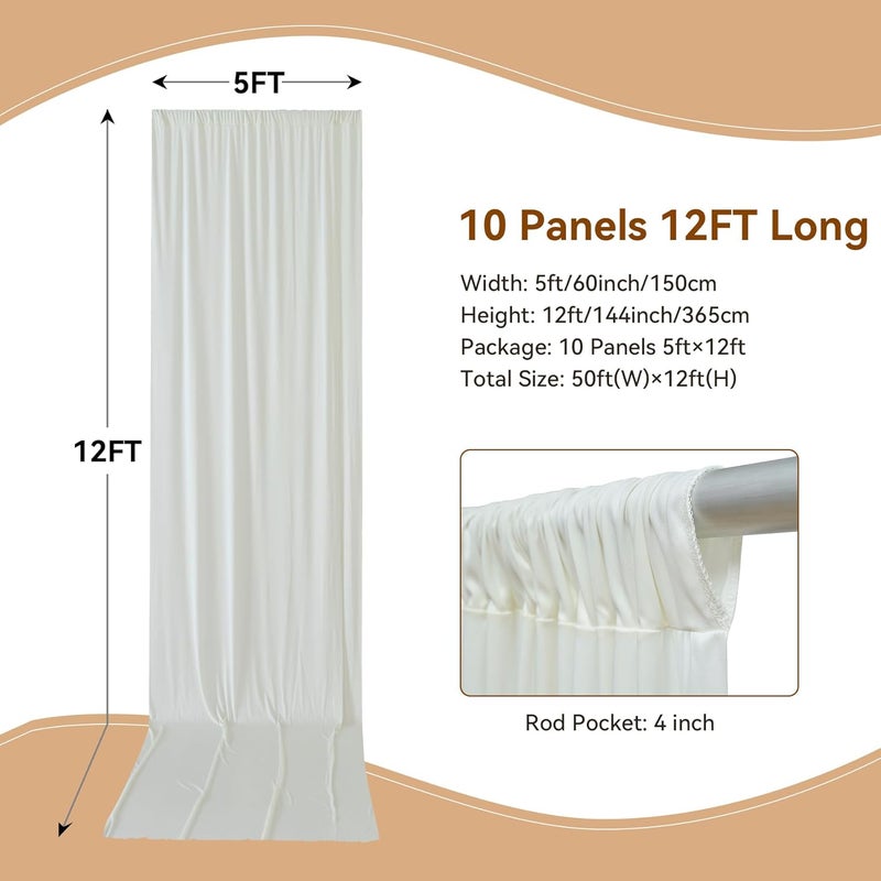 NSSONBEN 50×12ft Wrinkle Free Ivory Backdrop Curtain for Wedding Parties, 10 Panels 5×12ft Long Soft Silky Polyester Backdrop Drapes Cream Photo Back Drop Curtains for Party Photography Background Cloth - Image 2