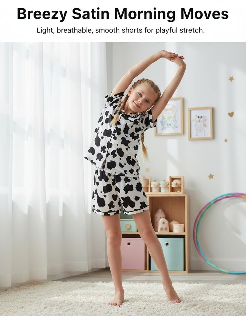 Mikrdoo Girls Pajamas Satin Pajama Set Silk Pjs Short Sleeve Sleepwear for Kids 2 Piece Cow Lounge Sets Size 11-12 Years - Image 4