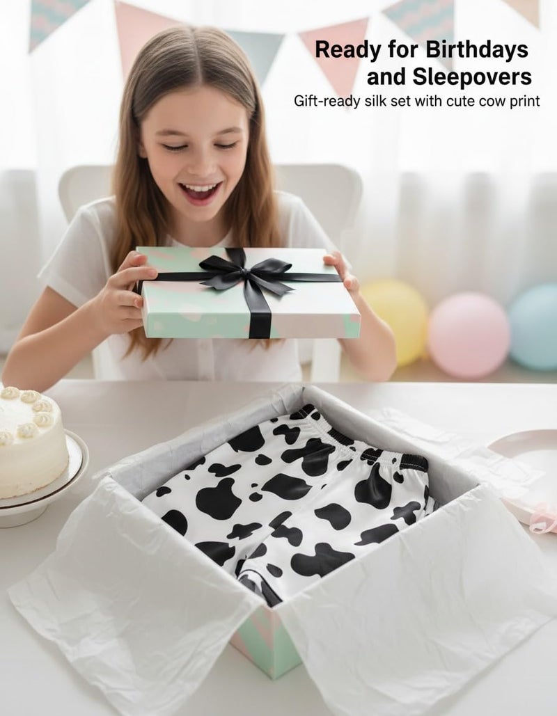 Mikrdoo Girls Pajamas Satin Pajama Set Silk Pjs Short Sleeve Sleepwear for Kids 2 Piece Cow Lounge Sets Size 11-12 Years - Image 3