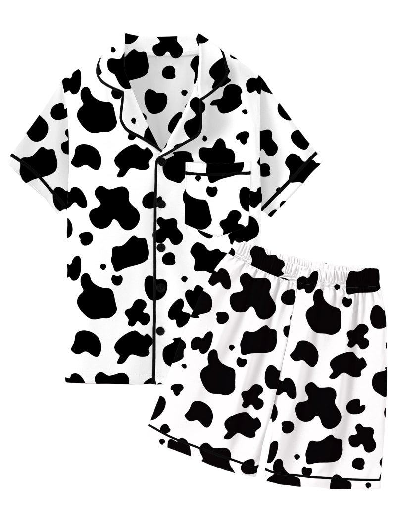 Mikrdoo Girls Pajamas Satin Pajama Set Silk Pjs Short Sleeve Sleepwear for Kids 2 Piece Cow Lounge Sets Size 11-12 Years - Image 1