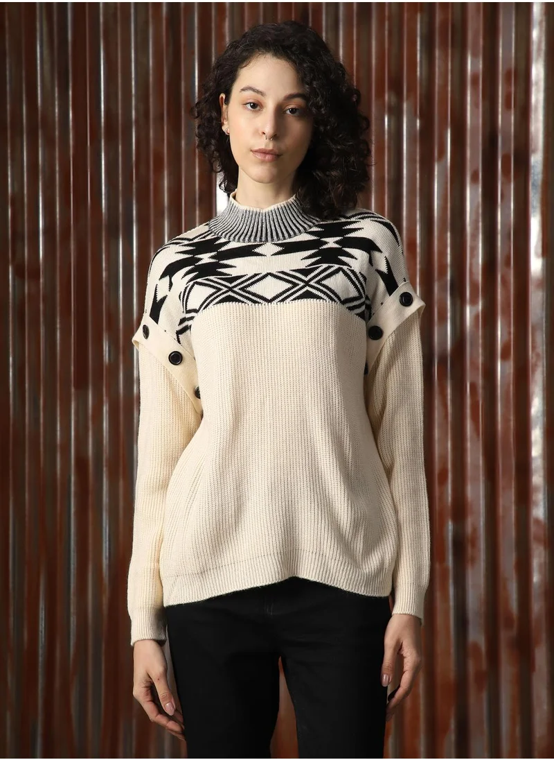 HIGH STAR Women's White With Black 100% Acrylic Solid Sweater