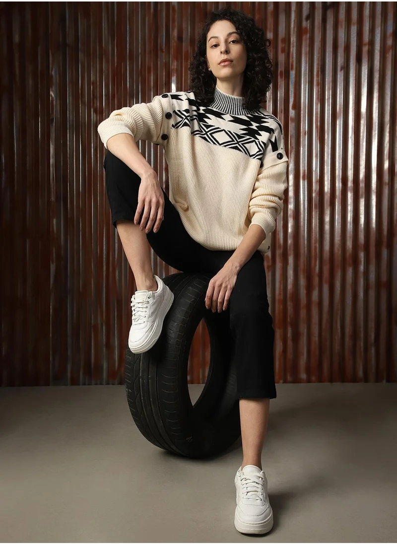 هاي ستار Women's White With Black 100% Acrylic Solid Sweater