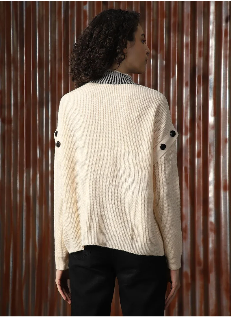 هاي ستار Women's White With Black 100% Acrylic Solid Sweater