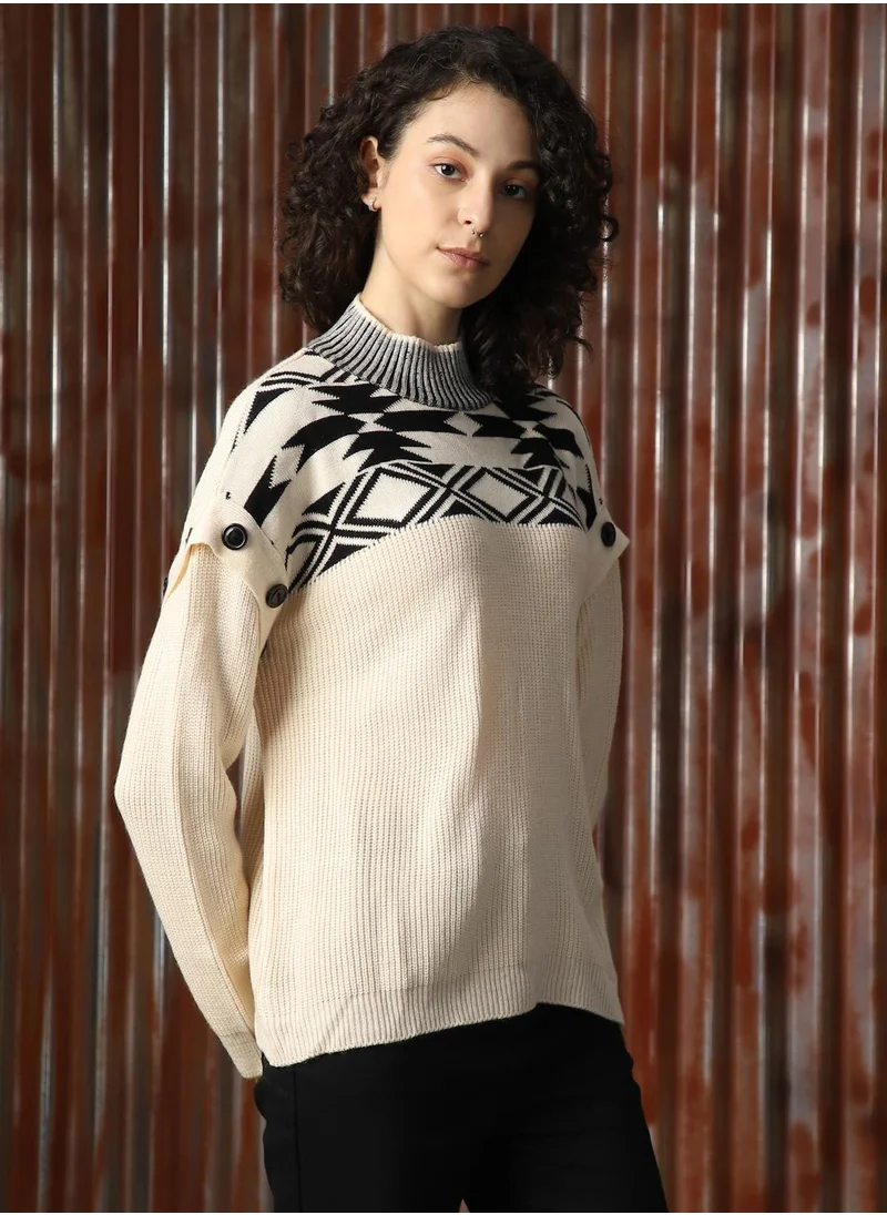 HIGH STAR Women's White With Black 100% Acrylic Solid Sweater