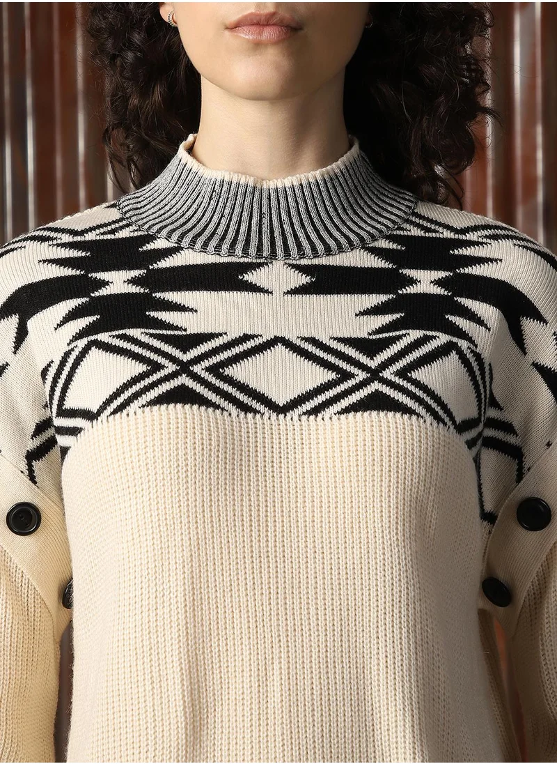 هاي ستار Women's White With Black 100% Acrylic Solid Sweater